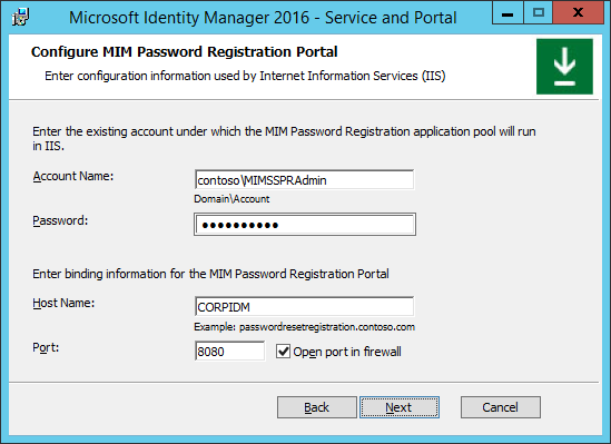 Imagen de configuración del portal de registro de contraseñas de MIM