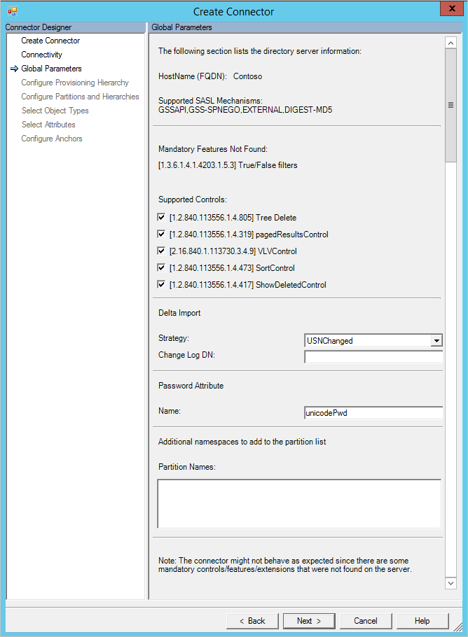 Página de parámetros globales de configuración del conector de sincronización de MIM