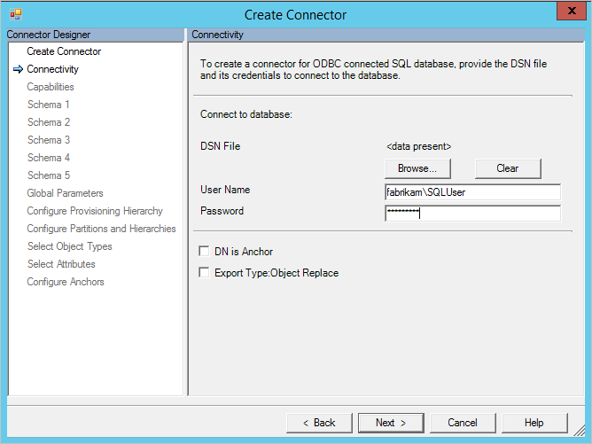 Captura de pantalla que muestra el archivo D S N con credenciales especificadas y un botón Siguiente.
