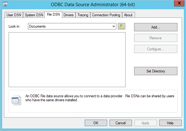 Captura de pantalla de la utilidad de administración de O D B C con la pestaña Archivo D S N seleccionada.