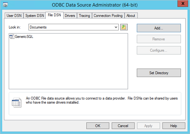 Captura de pantalla de la utilidad de administración de O D B C con la pestaña Archivo D S N seleccionada y el nuevo archivo de configuración de O D B C enumerado.