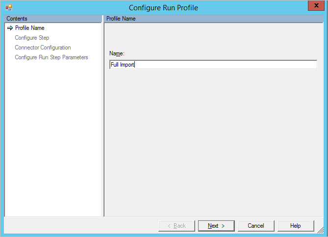 Captura de pantalla que muestra el Asistente para configurar perfil de ejecución con importación completa especificada en el campo Nombre y un botón Siguiente.
