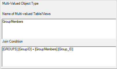 Captura de pantalla que muestra los valores de tipo de objeto especificados para el nombre de la tabla y la condición de combinación.