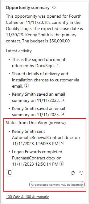 Captura de pantalla que muestra las últimas actividades de DocuSign.