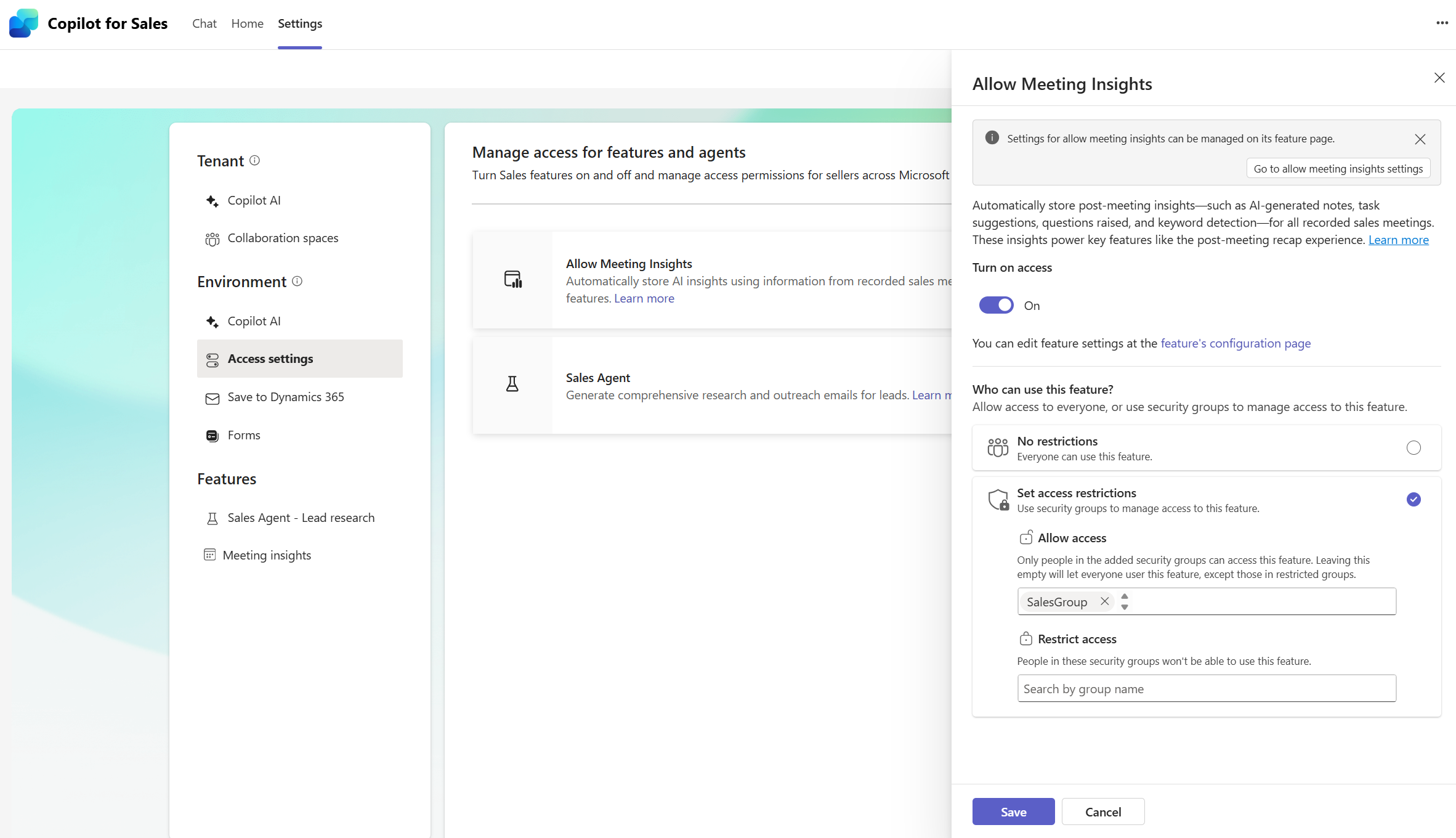 Captura de pantalla que muestra la configuración de acceso a las perspectivas de la reunión.
