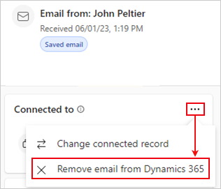 Captura de pantalla que muestra cómo eliminar el correo electrónico guardado de CRM.