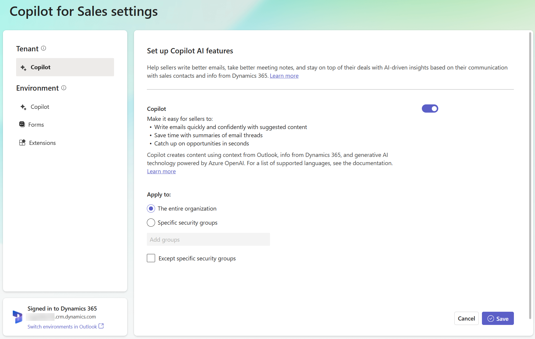 Captura de pantalla de la configuración de Copilot for Sales para un inquilino