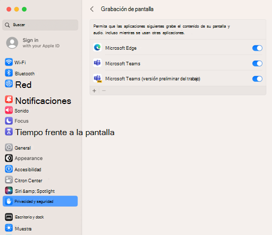 Página de grabación de pantalla de Teams para Mac.