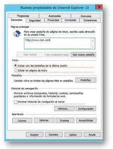 Cuadro de diálogo Propiedades de Internet Explorer 10.