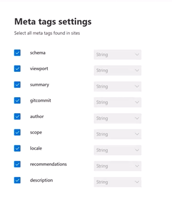 Configuración de metaetiquetas con autor, configuración regional y otras etiquetas seleccionadas.