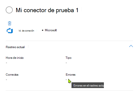 Captura de pantalla que muestra el panel de detalles que muestra el rastreo actual y la sección de errores del conector seleccionado.