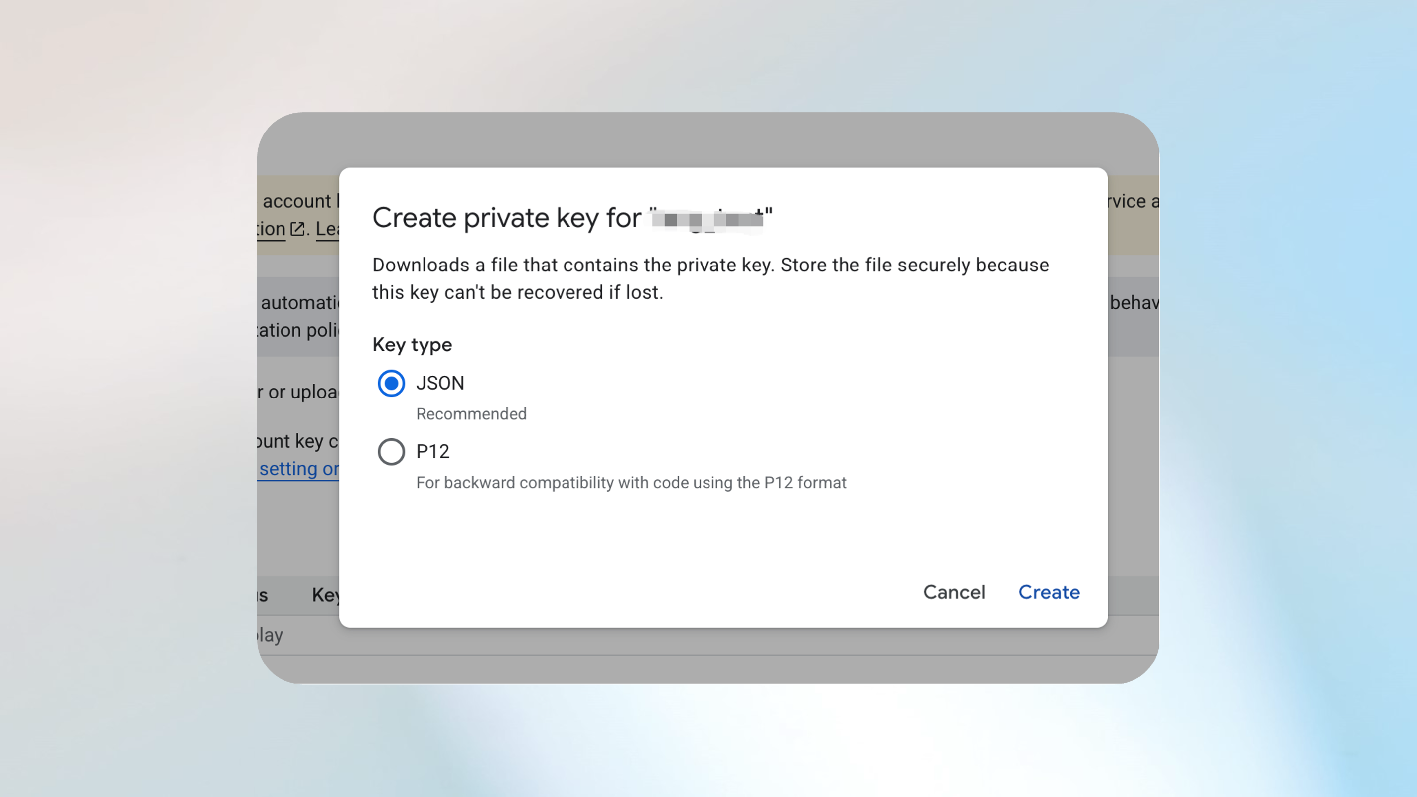 Captura de pantalla que muestra cómo descargar claves de cuenta de servicio.