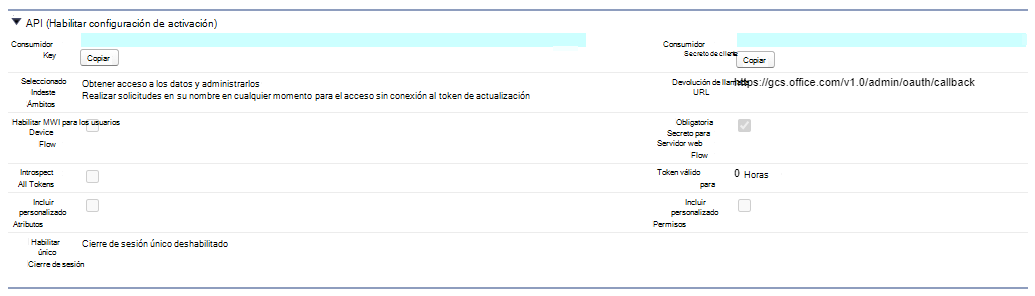 Resultados devueltos por la sección API en la instancia de Salesforce después de que el administrador haya enviado todas las configuraciones necesarias. La clave de consumidor está en la parte superior de la columna izquierda y el secreto de consumidor está en la parte superior de la columna derecha.