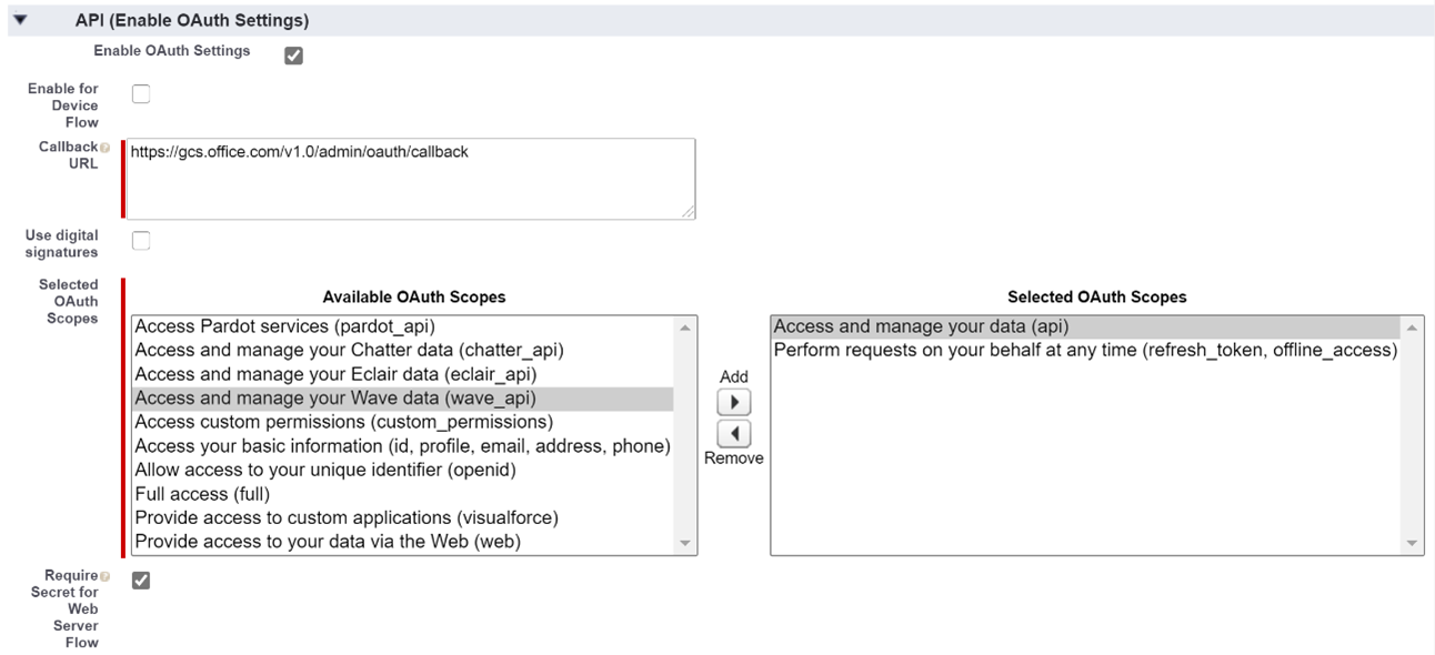 Sección api en la instancia de Salesforce después de que el administrador haya especificado todas las configuraciones necesarias enumeradas anteriormente.