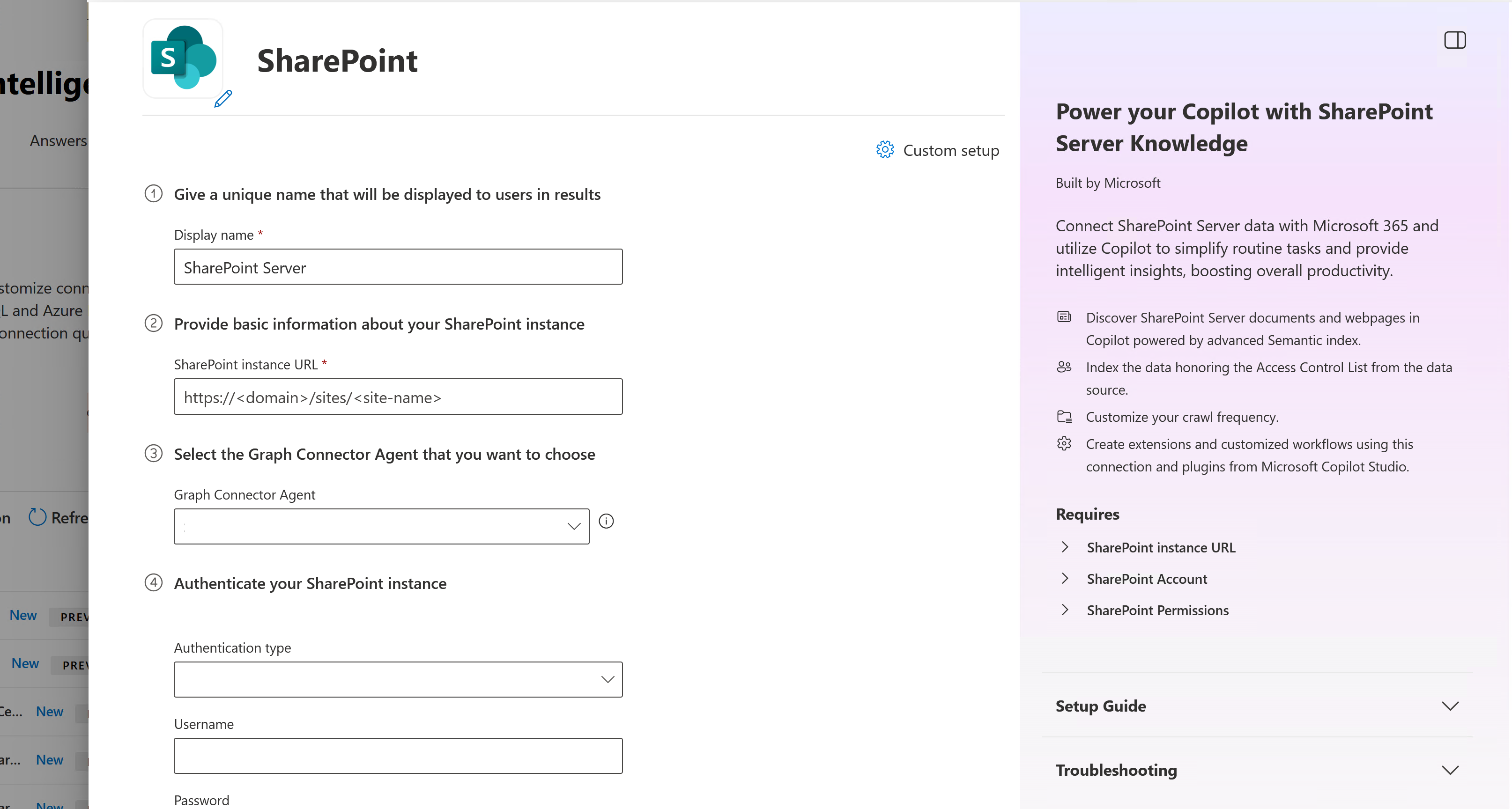 Screenshot that shows connection creation screen for Microsoft 365 Copilot connector for SharePoint Server.