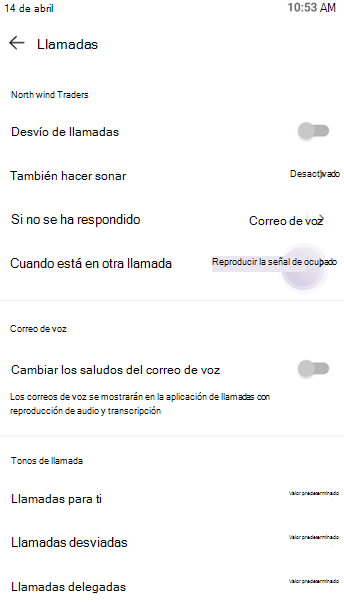 Captura de pantalla que muestra la configuración Ocupado.