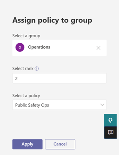 Captura de pantalla que muestra cómo asignar una directiva a un grupo en el Centro de administración de Teams.