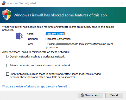 Captura de pantalla de un cuadro de diálogo Alerta de Seguridad de Windows.