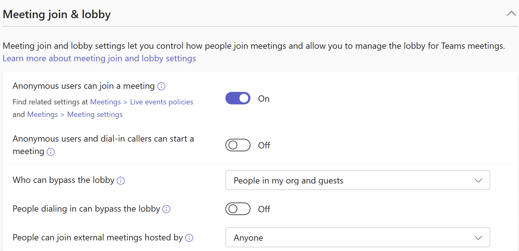 Captura de pantalla de las directivas para unirse a la reunión de Teams & en el Centro de administración de Teams.