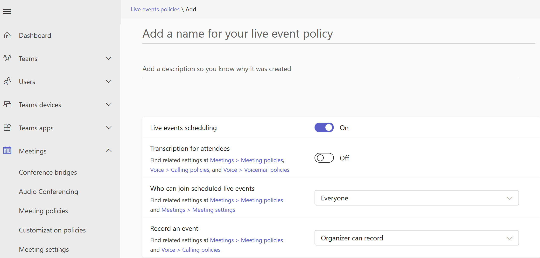 Captura de pantalla de la configuración de directiva de eventos en directo en el Centro de administración de Microsoft Teams.