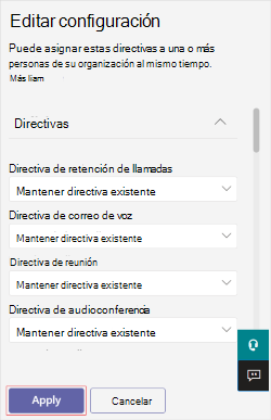 Captura de pantalla que muestra las opciones para cambiar las directivas existentes.