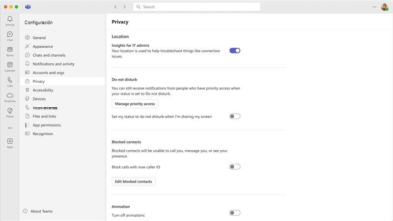 Captura de pantalla de la página configuración de privacidad en Teams que muestra el botón de alternancia Insights para administradores de TI.