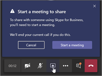 Captura de pantalla de un mensaje de Teams para compartir una reunión con un usuario de Skype Empresarial.