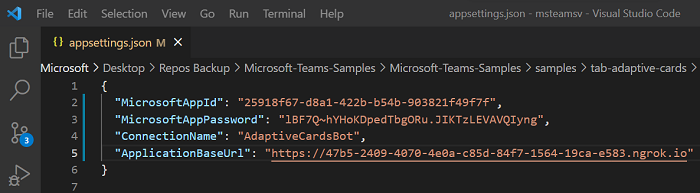Captura de pantalla de Visual Studio que muestra appsettings.json archivo.