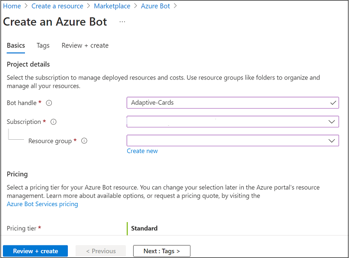Captura de pantalla que muestra cómo crear un bot de Azure.