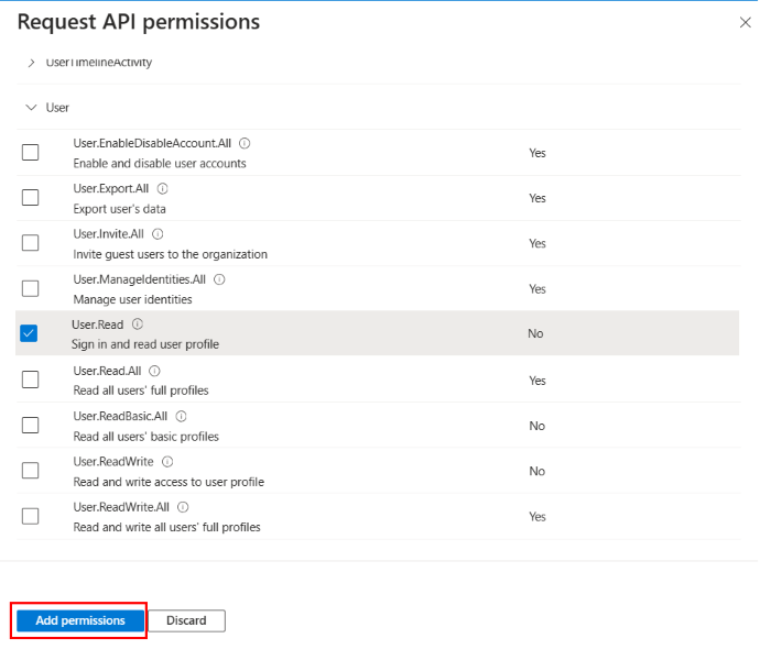 Captura de pantalla que muestra la opción para seleccionar permisos.