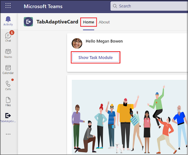 Captura de pantalla de Microsoft Teams con Inicio y Mostrar módulo de tareas resaltados en rojo.