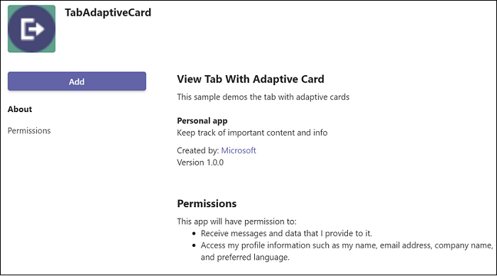 Captura de pantalla de TabAdaptiveCard con la opción Agregar resaltada en rojo.