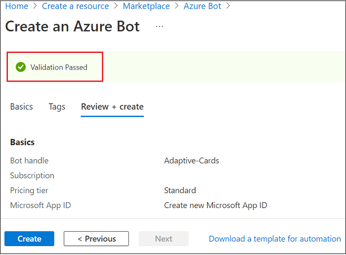 Captura de pantalla que muestra cómo se supera la validación del bot de Azure.