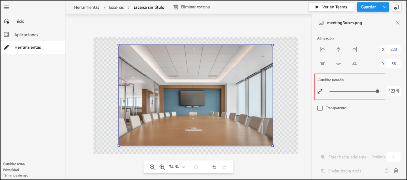 Captura de pantalla que muestra la opción de cambio de tamaño para alinear la imagen en Scene Studio.