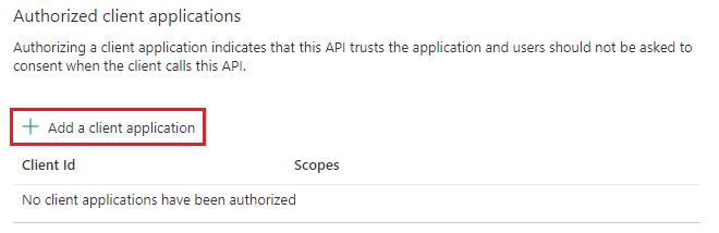 Captura de pantalla que muestra la opción Agregar una aplicación cliente resaltada en Aplicaciones cliente autorizadas.