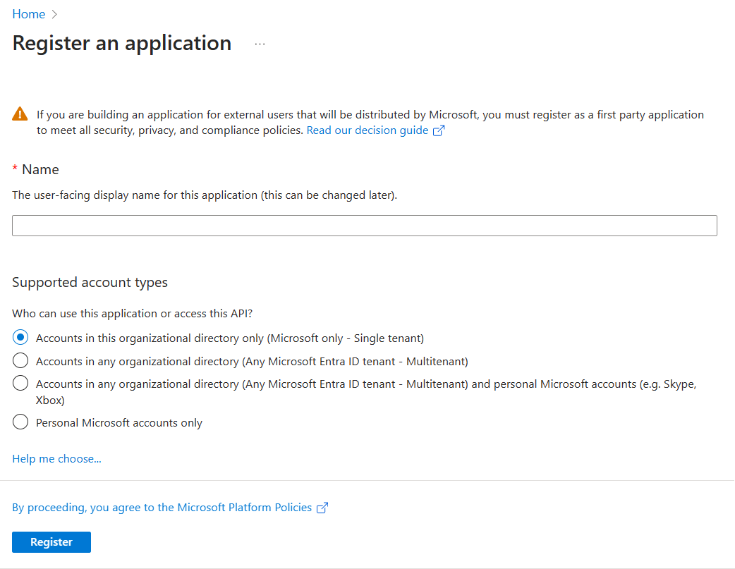 Página de registro de aplicaciones en Centro de administración Microsoft Entra.