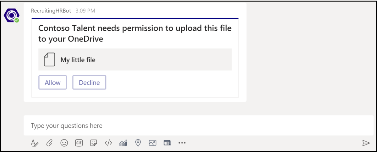Captura de pantalla de la tarjeta de consentimiento que solicita permiso de usuario para cargar el archivo