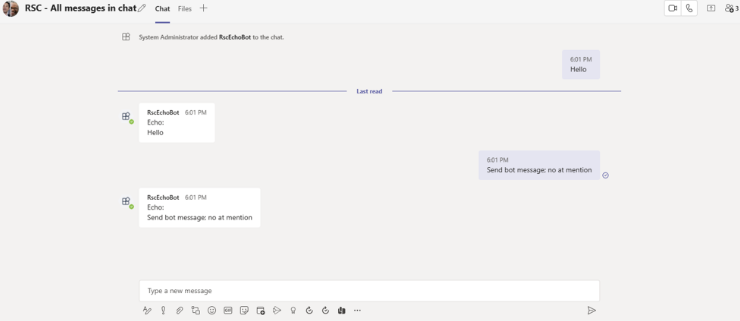 Captura de pantalla que muestra el bot que responde a un mensaje.