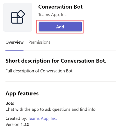 Captura de pantalla de la opción Bot de conversación con Agregar resaltada en rojo.