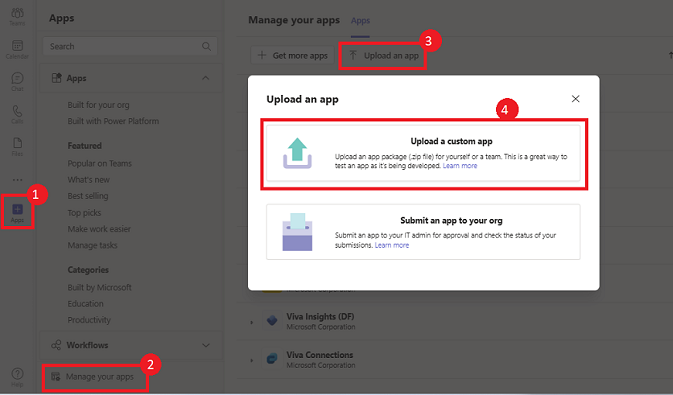 Captura de pantalla de la aplicación Teams con el icono Aplicaciones, Administrar aplicaciones y mostrar la selección de la opción Cargar una aplicación personalizada resaltada en rojo.