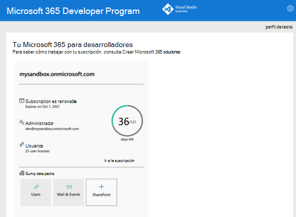 Captura de pantalla que muestra el ejemplo de lo que ve después de registrarse en el programa para desarrolladores de Microsoft 365.