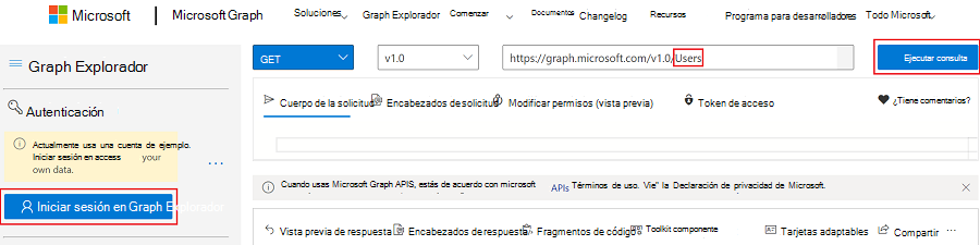 Captura de pantalla de Microsoft Graph con el explorador de grafos resaltado en rojo.