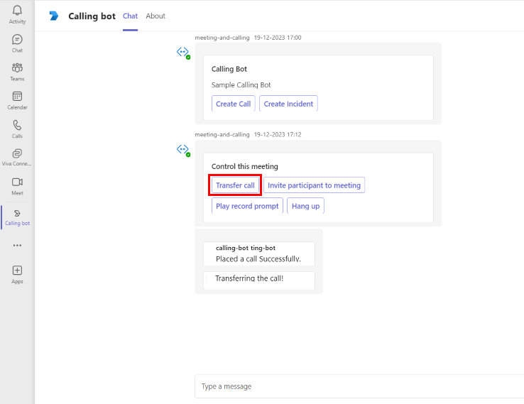 Captura de pantalla del bot de llamadas de Microsoft Teams con la llamada de transferencia resaltada en rojo.