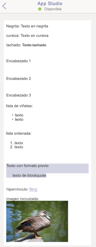 Captura de pantalla que muestra el formato HTML en el cliente de iOS.