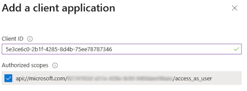 Captura de pantalla que muestra la opción Id. de cliente y Ámbitos autorizados para agregar una aplicación cliente a la aplicación en Azure Portal. Adición de una aplicación cliente