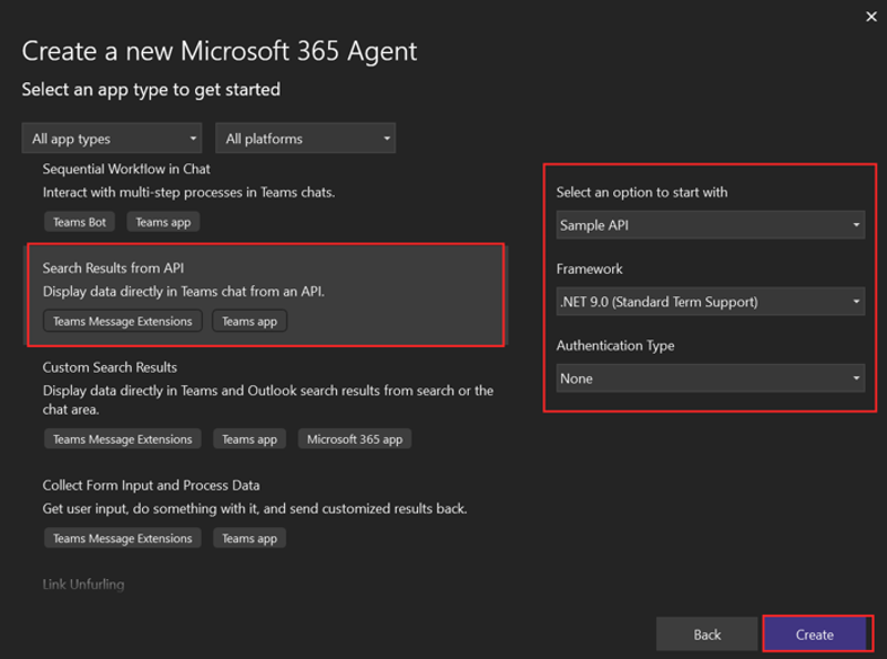 Captura de pantalla que muestra los resultados de búsqueda de API, Nueva API, Documento de descripción de OpenAPI y Crear opciones en Visual Studio para crear un nuevo proyecto.