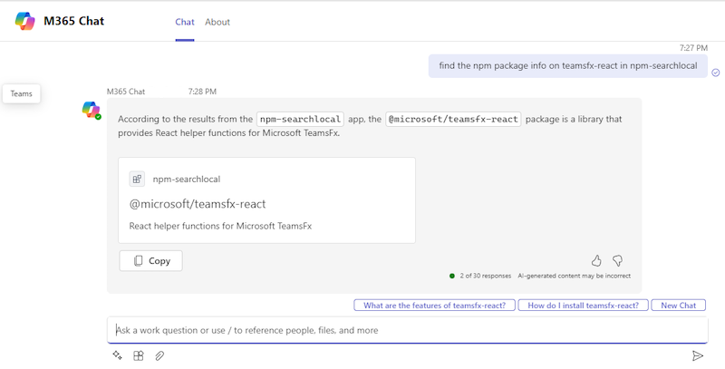 Captura de pantalla que muestra la solicitud del complemento y la respuesta de Copilot para Microsoft 365.