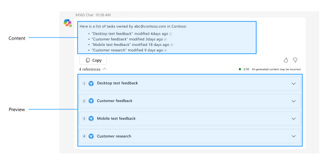 Captura de pantalla que muestra un ejemplo de una aplicación de ejemplo que muestra Microsoft 365 Chat respuesta de la aplicación contiene vista previa y contenido en la misma respuesta.