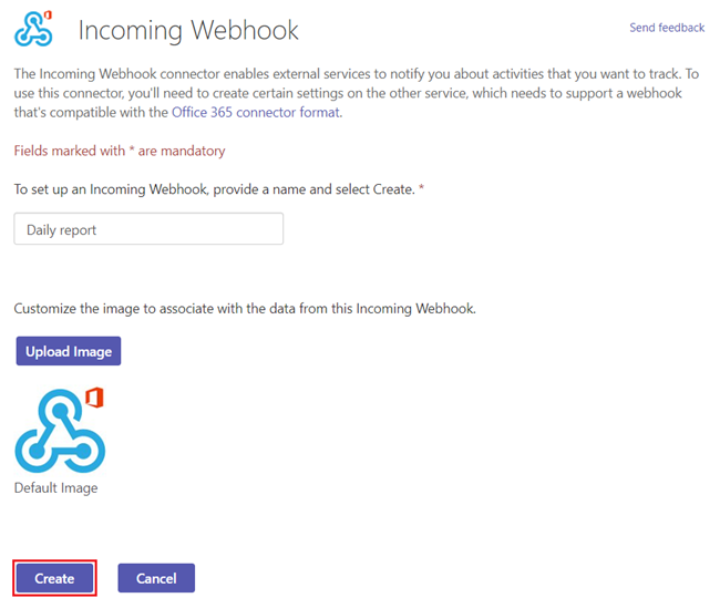 Captura de pantalla que muestra los campos de nombre e imagen que se van a rellenar para crear el webhook.