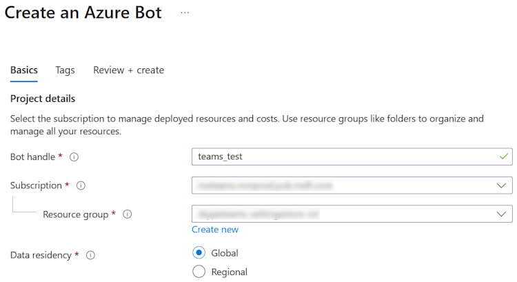 Captura de pantalla que muestra el grupo de recursos de opción y la suscripción en el Azure Portal.